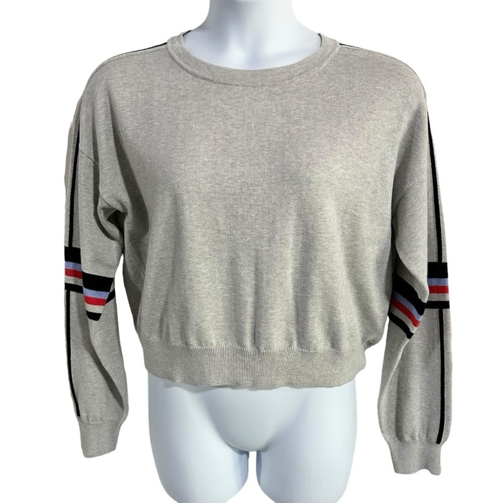 One Grey Day Gray Striped Long Sleeve Crewneck Pullover Sweatshirt Size L NWT - Picture 2 of 10